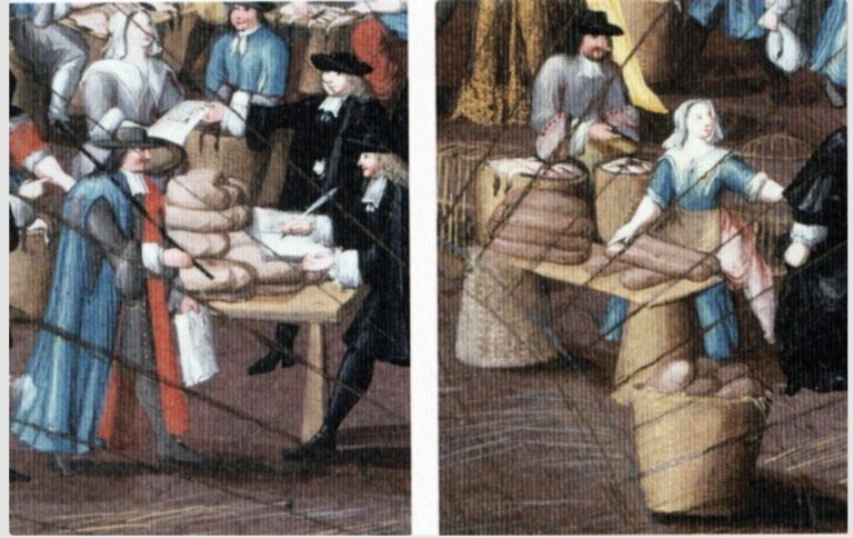 Extrait de vues du marché du pain, quai des Grands-Augustins à Paris au XVIIe siècle